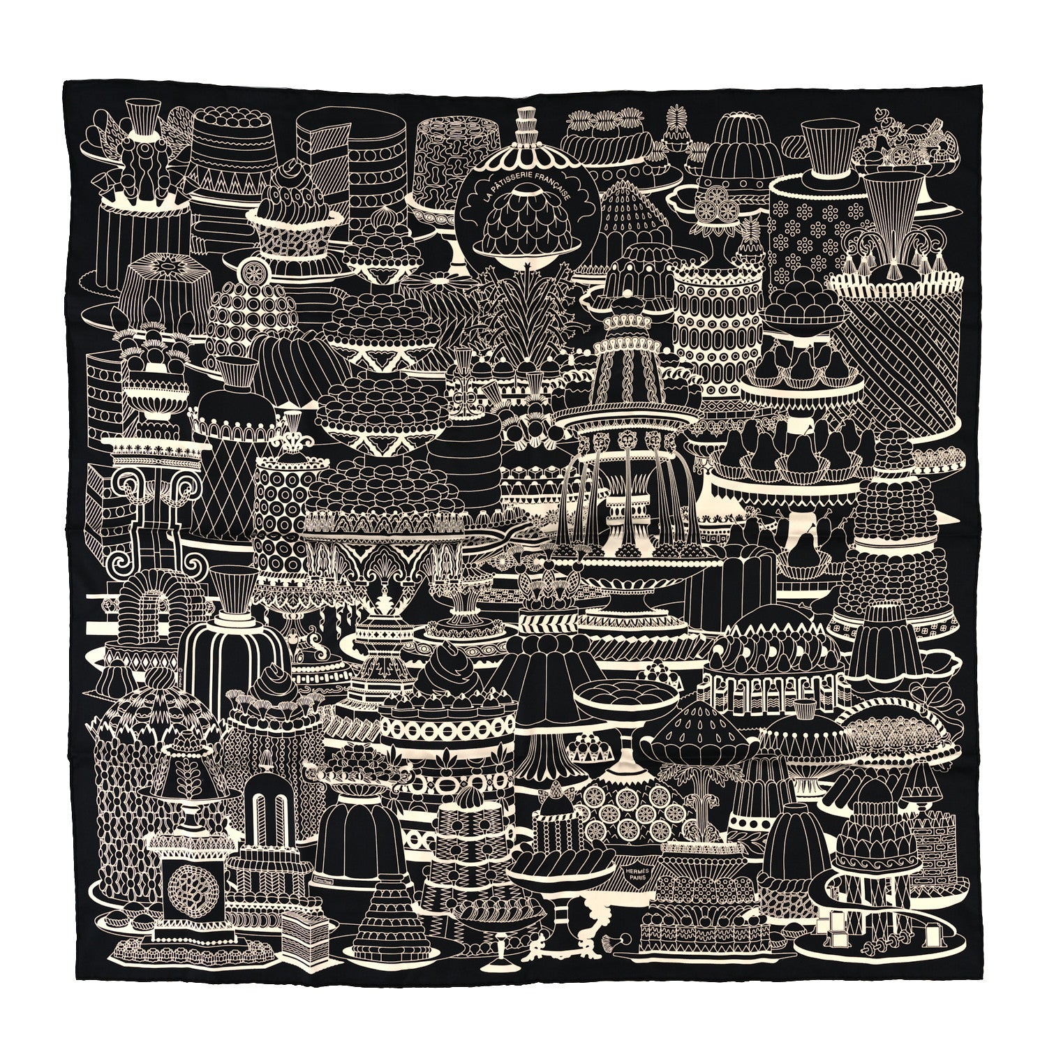 Hermes Silk La Patisserie Francaise Scarf 90 Black Creme 1 of 3