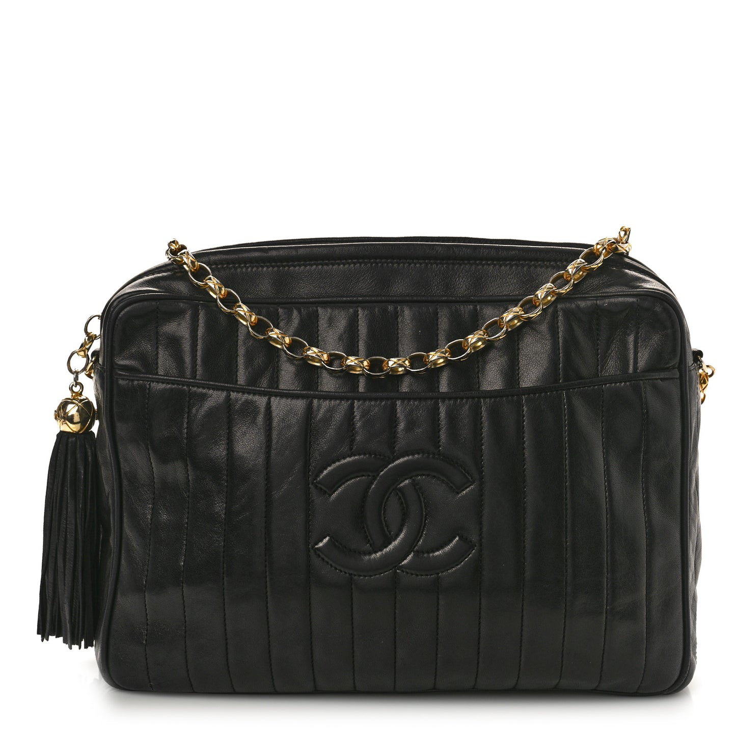 Lambskin Vertical Quilted Tassel Camera Case Black