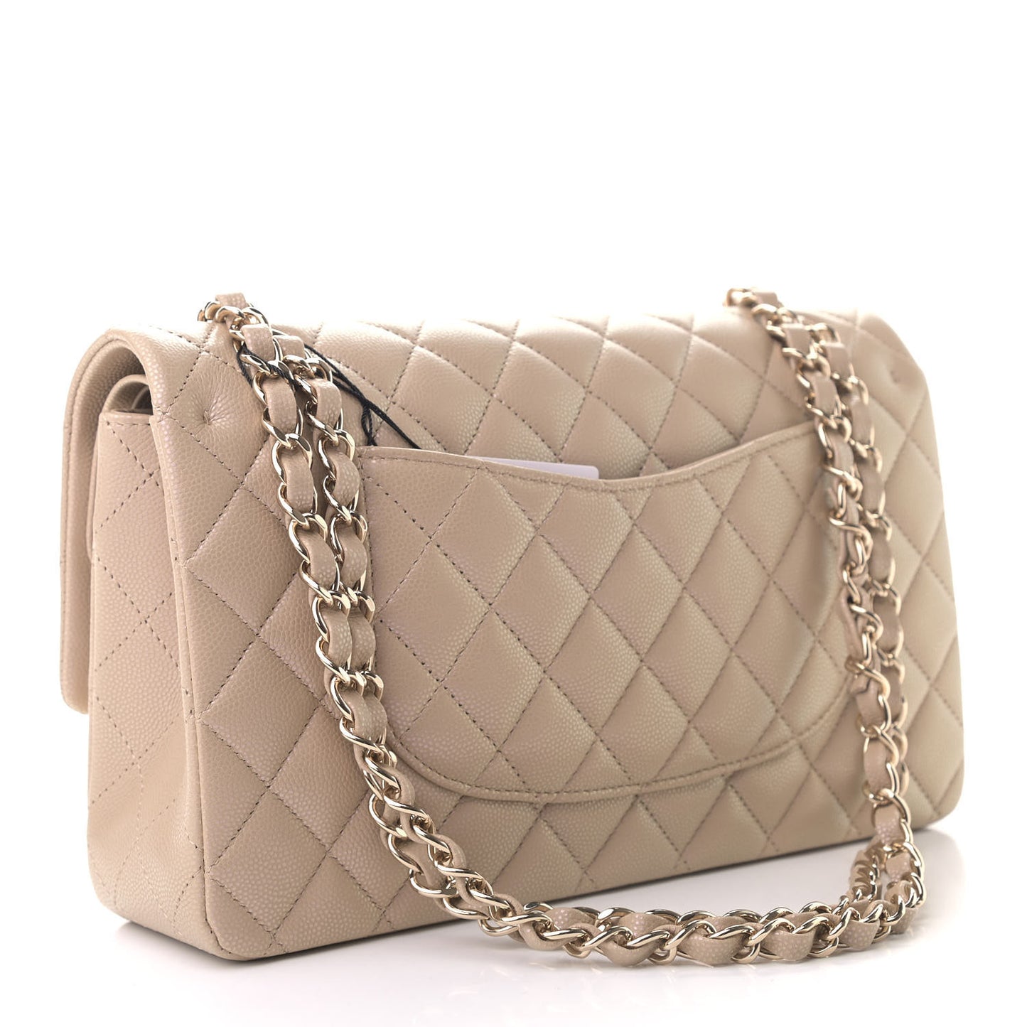 Iridescent Caviar Quilted Medium Double Flap Beige