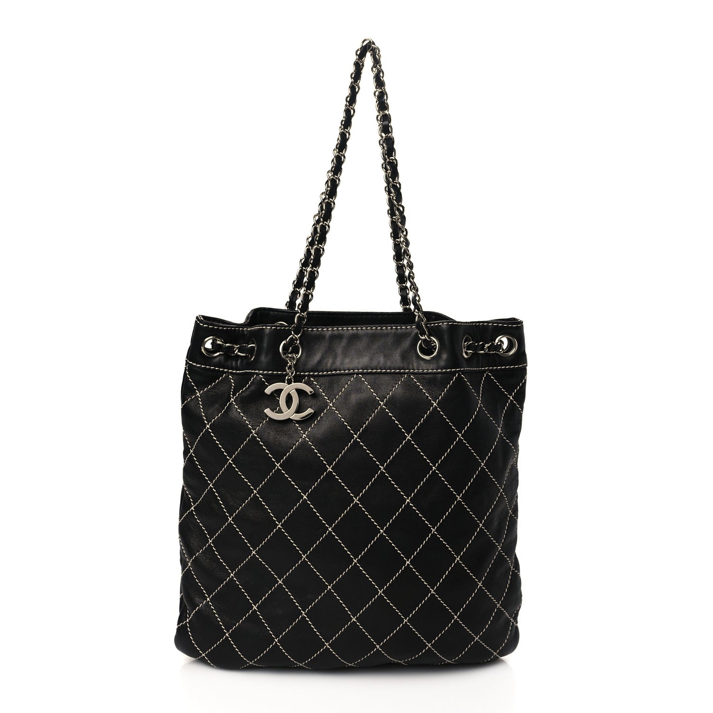 Lambskin Contrast Stitch Shoulder Bag Black