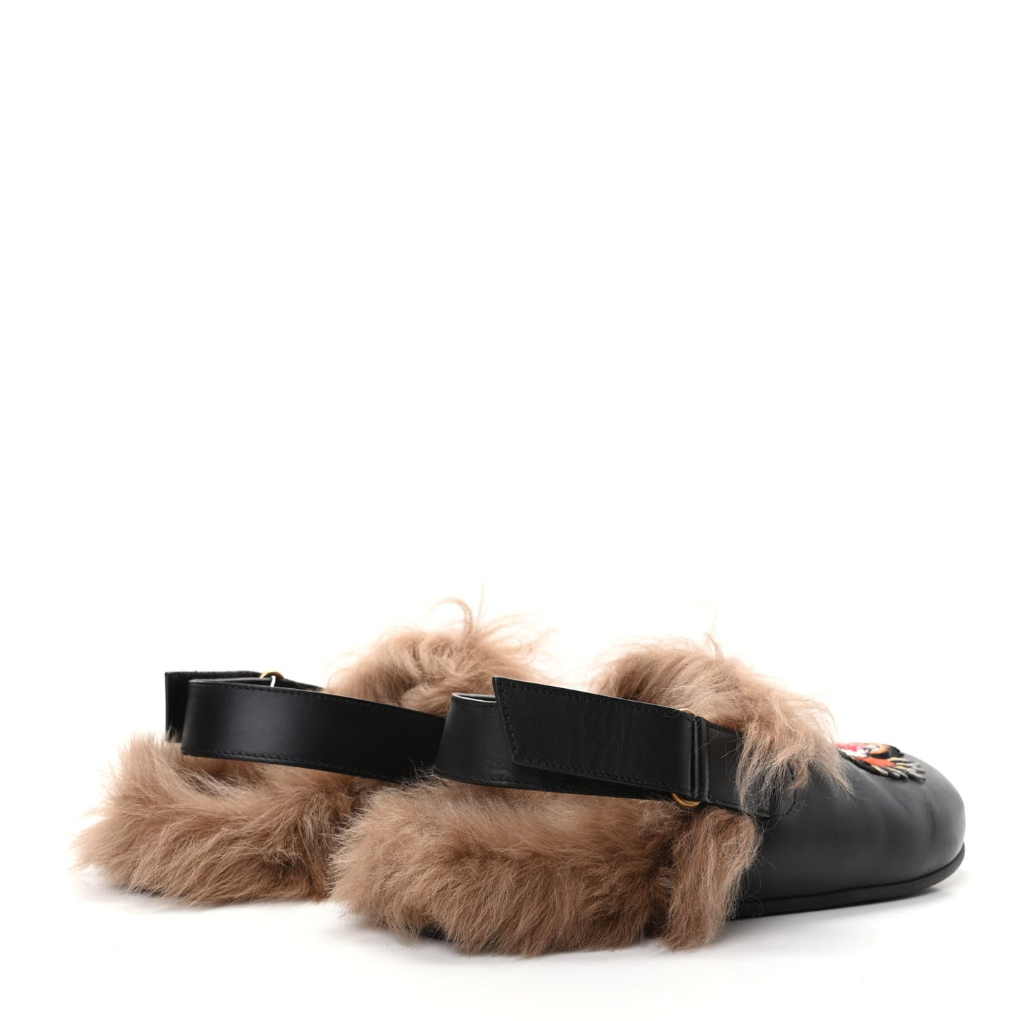 Calfskin Fur Angry Cat Embroidered Mens Horsebit River Slingback Slippers 9 Black