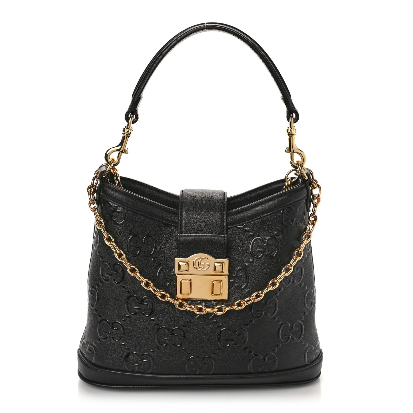 Wonka Grain Calfskin GG Monogram Debossed Small Padlock Shoulder Bag Black