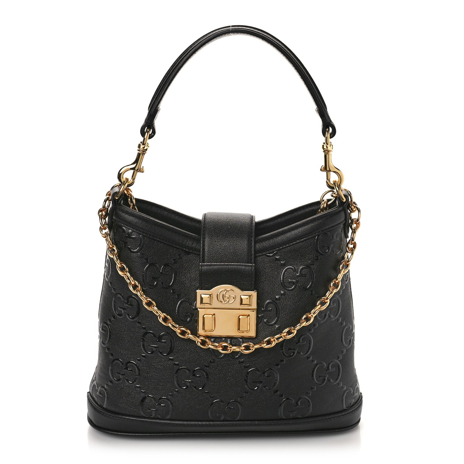 Gucci Wonka Grain Calfskin GG Monogram Debossed Small Padlock Shoulder Bag Black 1 of 9