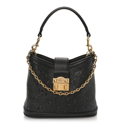Gucci Wonka Grain Calfskin GG Monogram Debossed Small Padlock Shoulder Bag Black 1 of 9