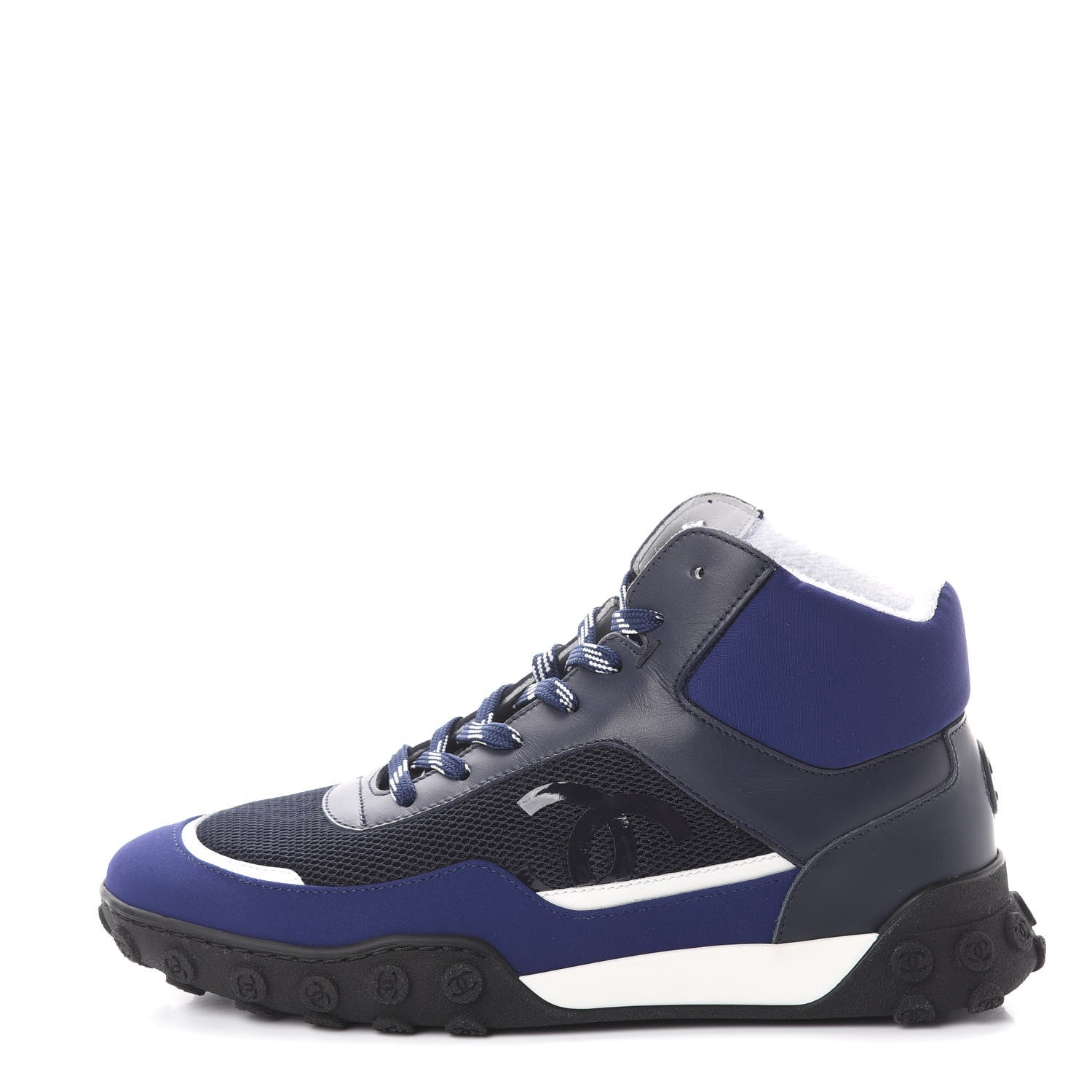 Chanel Calfskin Mesh Lycra Womens Logo High Top Sneakers 36.5 Blue 1 of 7