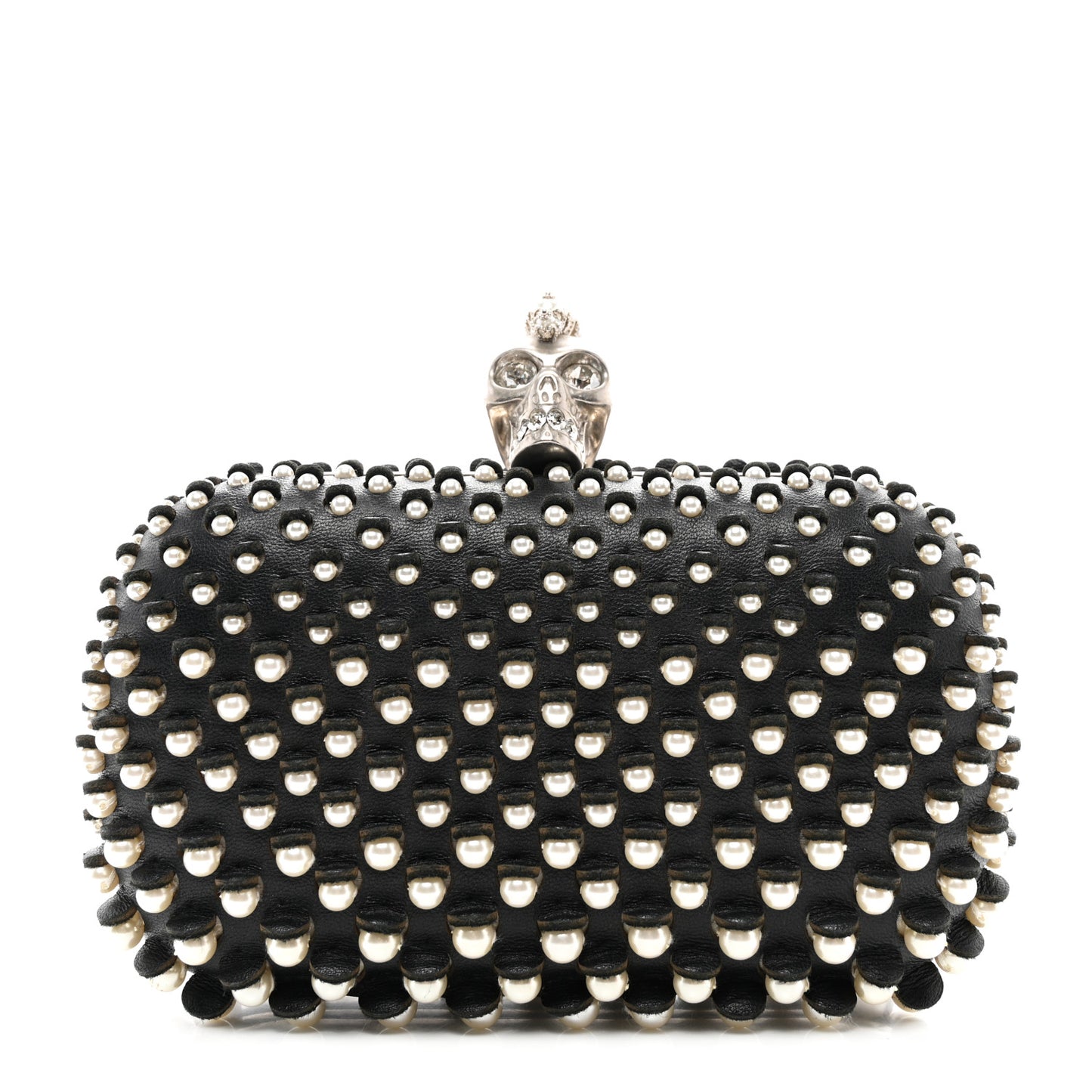 Pearl Embellished Calfskin Skull Box Clutch Black