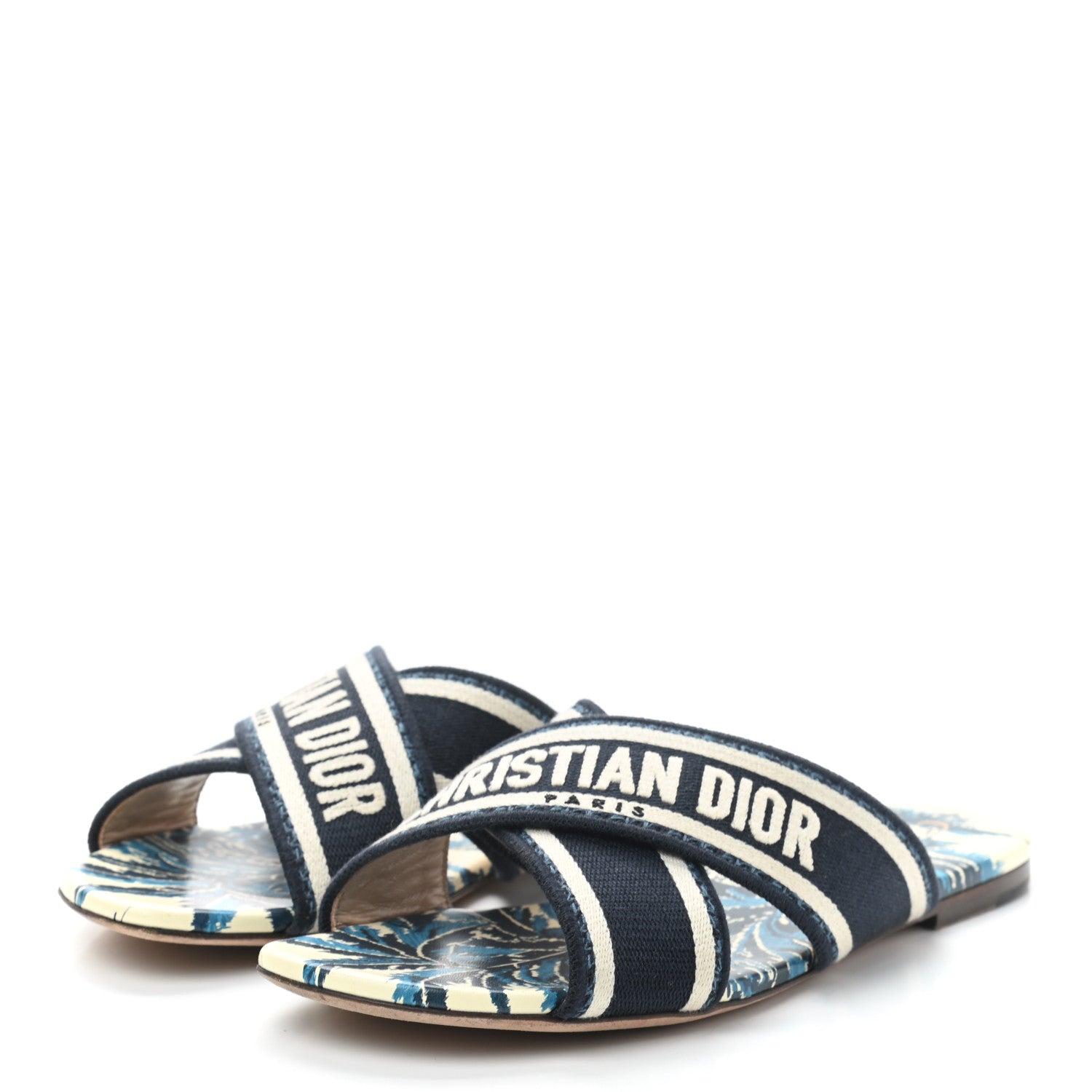 Christian Dior Canvas Palms Embroidered Dway Criss Cross Slide Sandals 38 Indigo Blue 2 of 9
