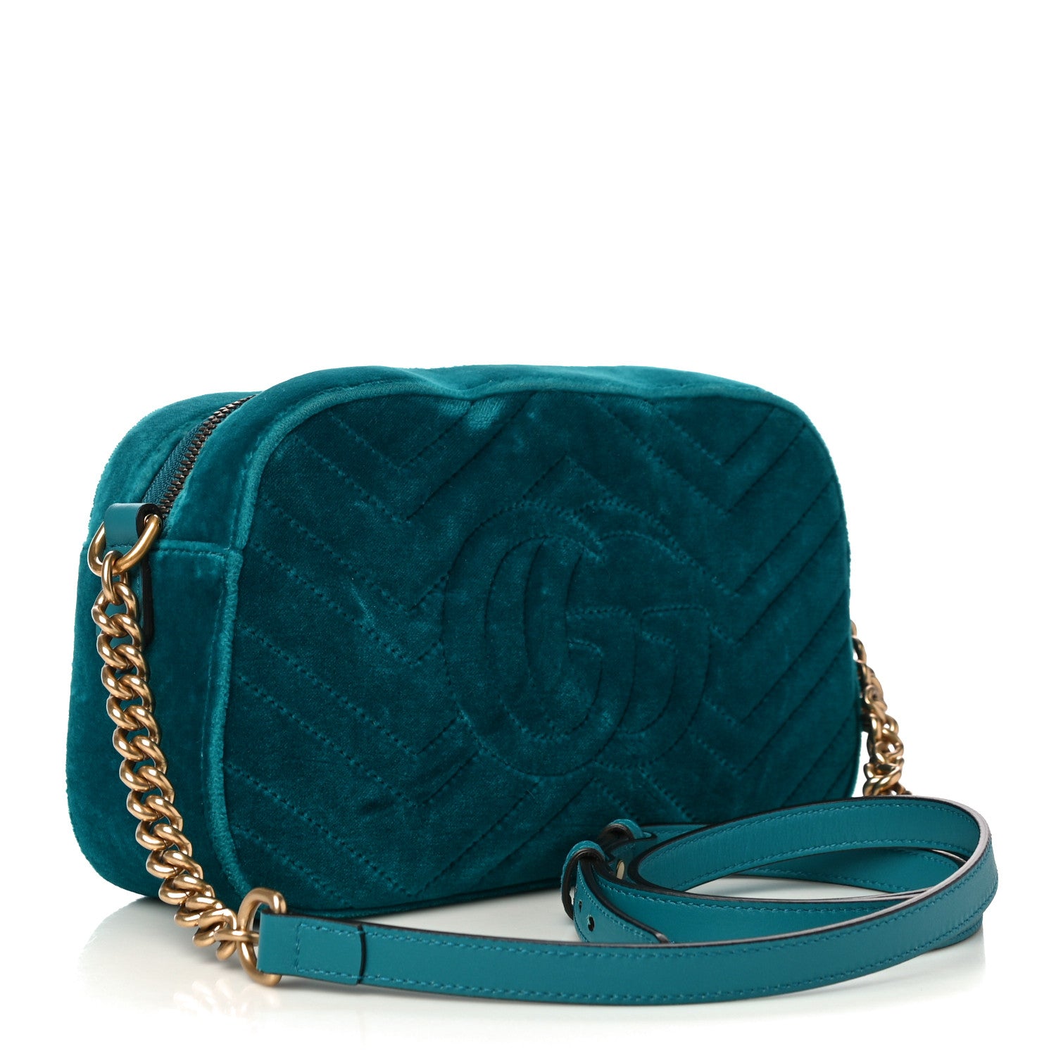 Gucci Velvet Matelasse Small GG Marmont Chain Shoulder Bag Pavone Cyan 3 of 11