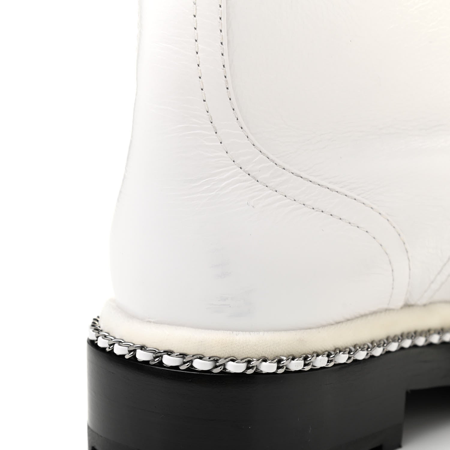 Chanel Crackled Calfskin Pearl Chain CC Combat Short Boots 37 White 9 of 10
