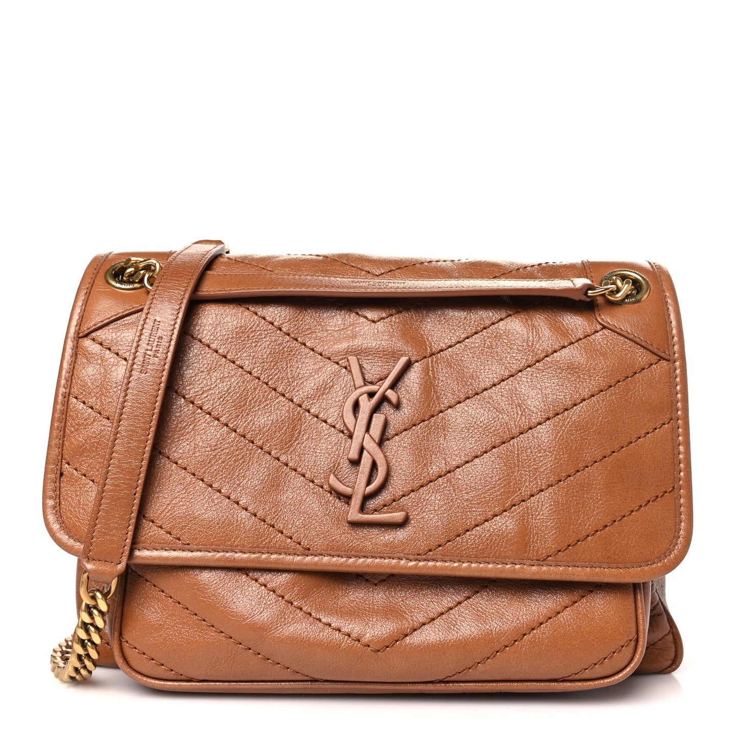 Crinkled Calfskin Matelasse Monogram Medium Niki Chain Satchel Caramel