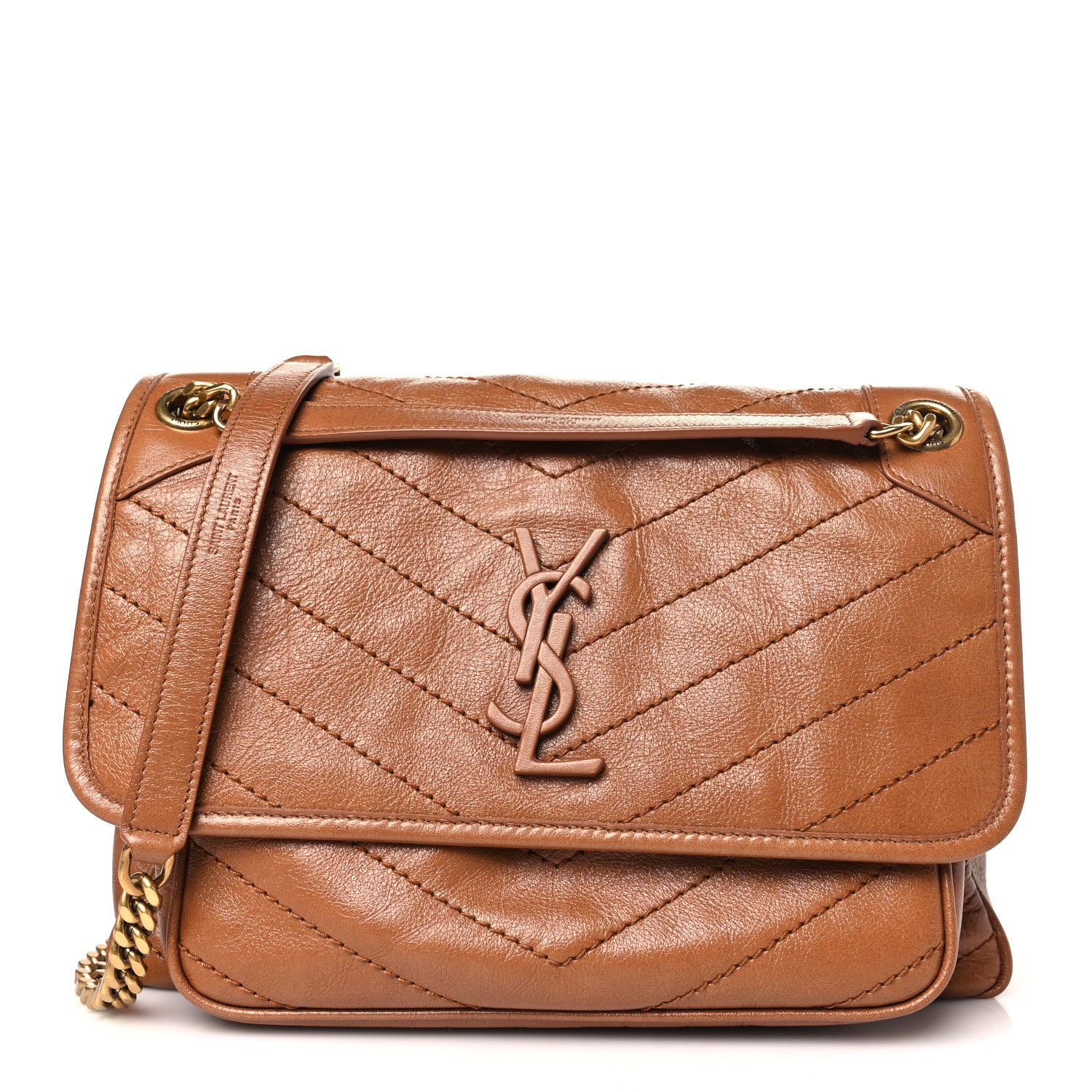 Saint Laurent Crinkled Calfskin Matelasse Monogram Medium Niki Chain Satchel Caramel 1 of 10