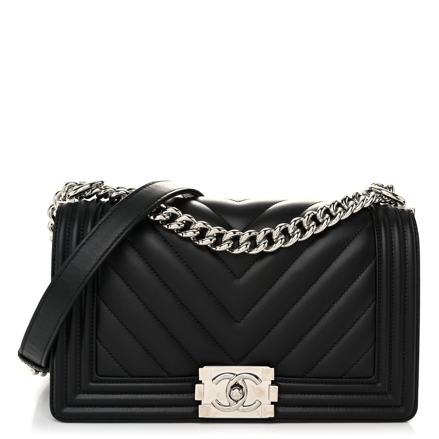 Calfskin Chevron Quilted Medium Boy Flap Black