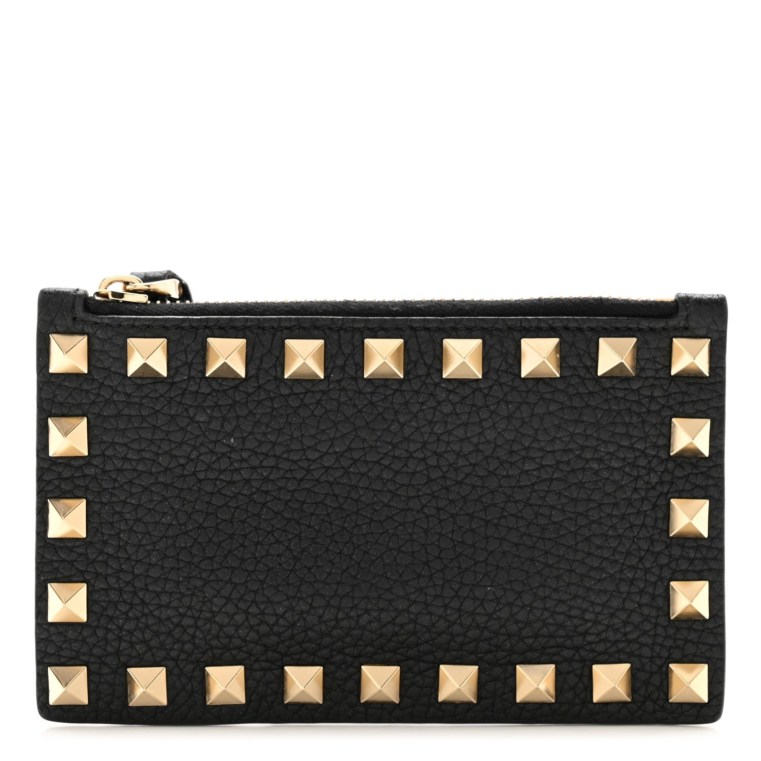 Valentino Garavani VALENTINO GARAVANI Pebbled Calfskin Rockstud Coin Case Card Holder Black 1 of 8