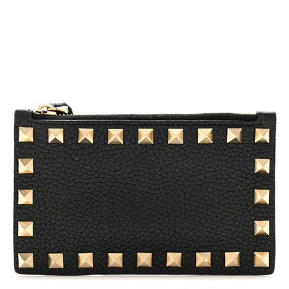 Valentino Garavani VALENTINO GARAVANI Pebbled Calfskin Rockstud Coin Case Card Holder Black 1 of 8