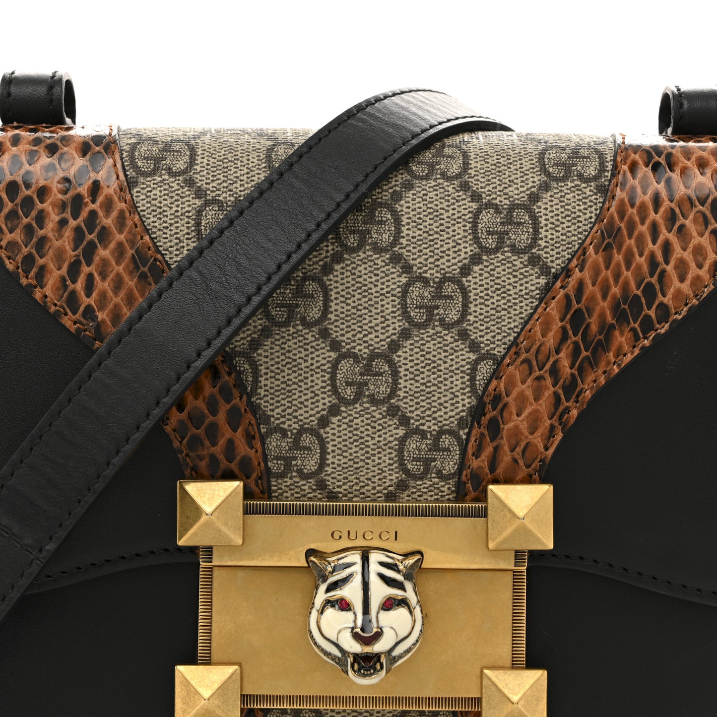 Nappa Elaphe GG Supreme Monogram Medium Osiride Shoulder Bag Black Bright Cuir Beige Ebony