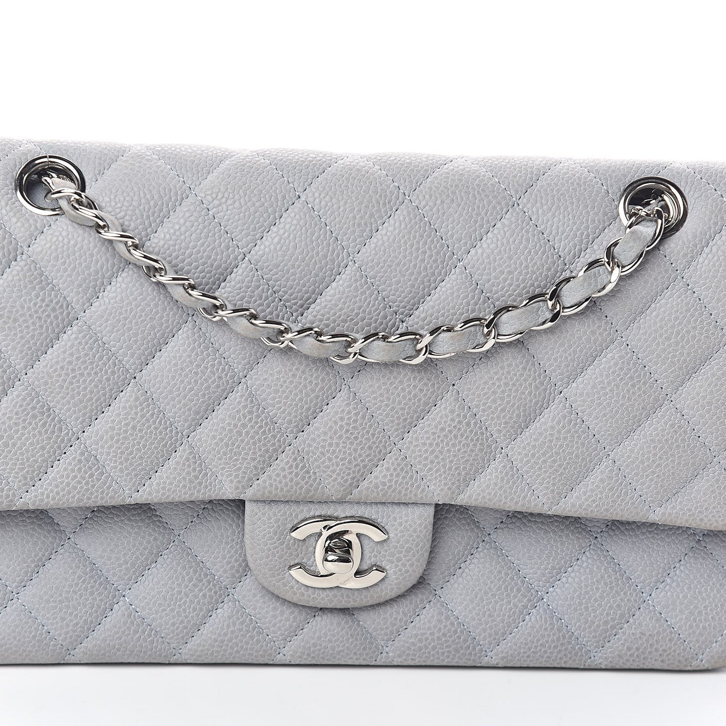 Iridescent Caviar Quilted Medium Double Flap Light Grey