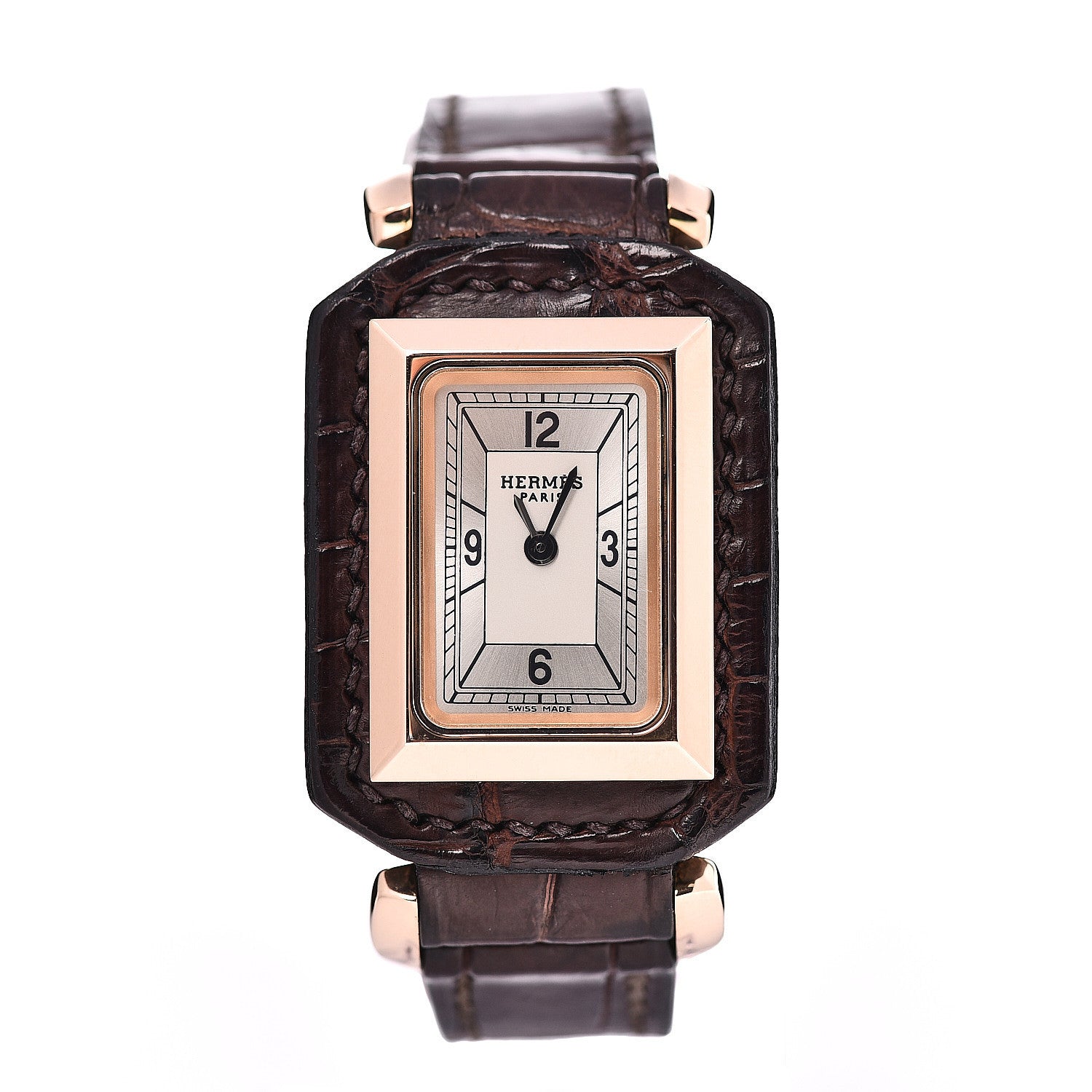 Hermes 18K Rose Gold Alligator 24mm Hauteville Quartz Watch 1 of 6