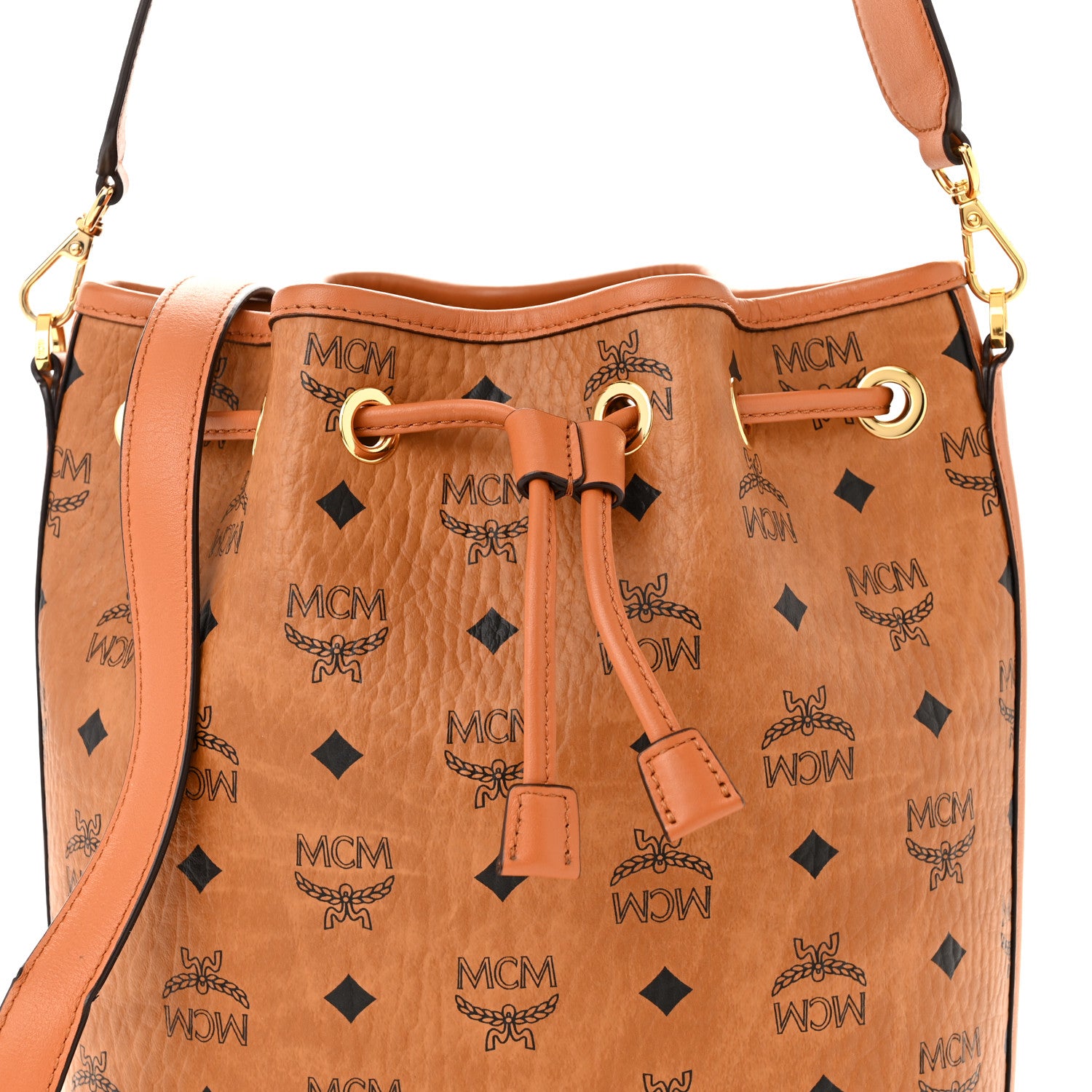 MCM Visetos Medium Dessau Drawstring Bucket Bag Cognac 8 of 13