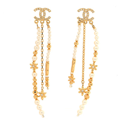 Chanel Pearl Crystal CC Flower Chain Multi Drop Earrings Gold 1 of 5