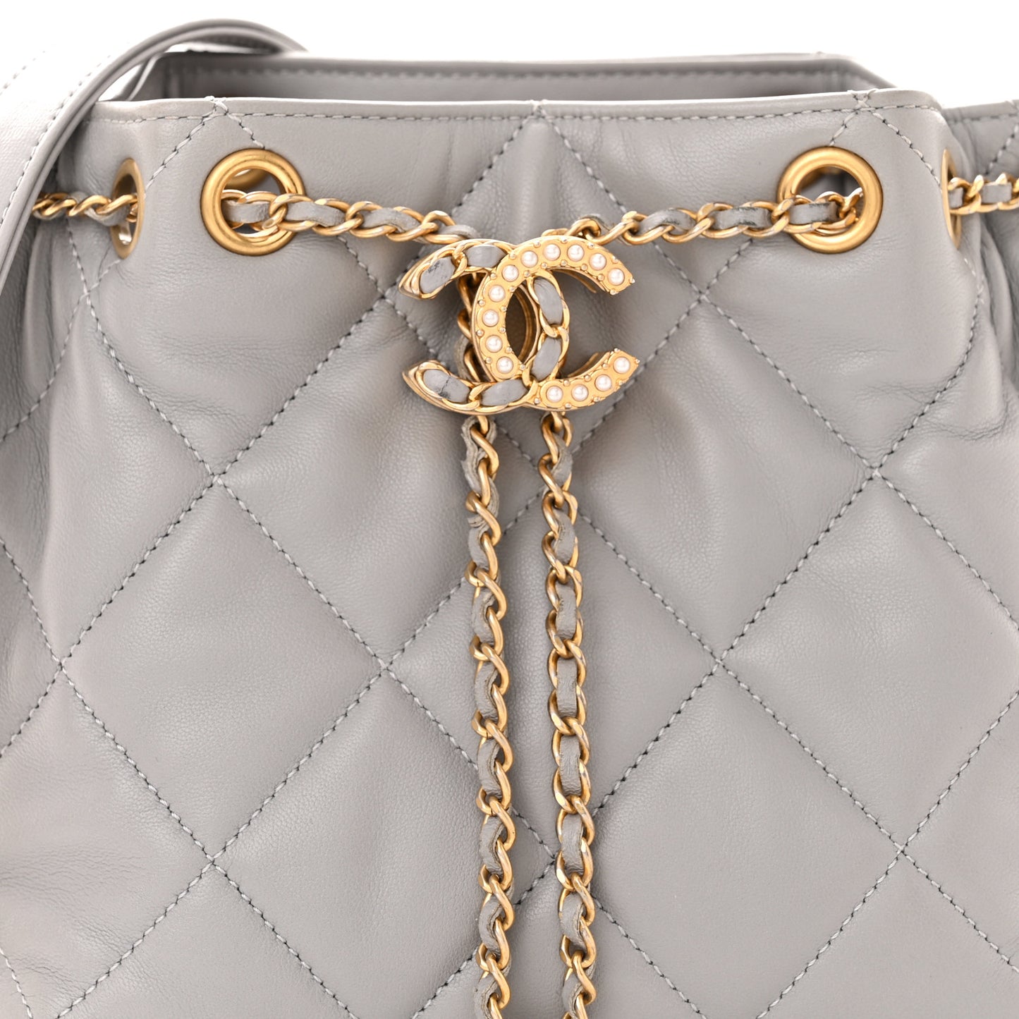 Lambskin Quilted Crush on Chains Drawstring Bucket Bag Hobo Grey