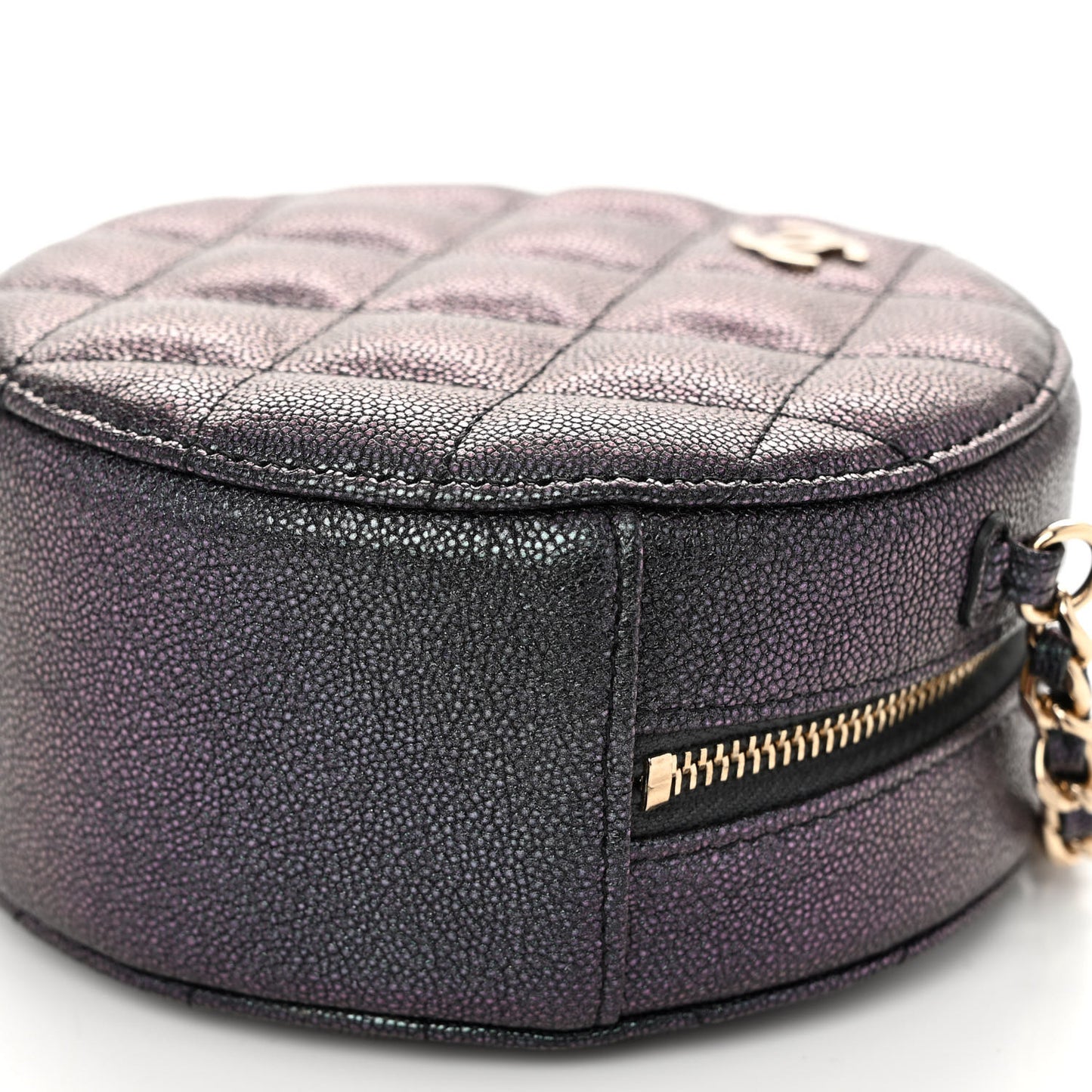 Iridescent Caviar Quilted Round Clutch With Chain Navy