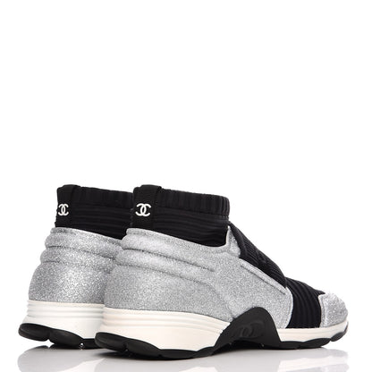 Chanel Glitter Stretch Fabric CC Sneakers 38.5 Black Silver 3 of 11