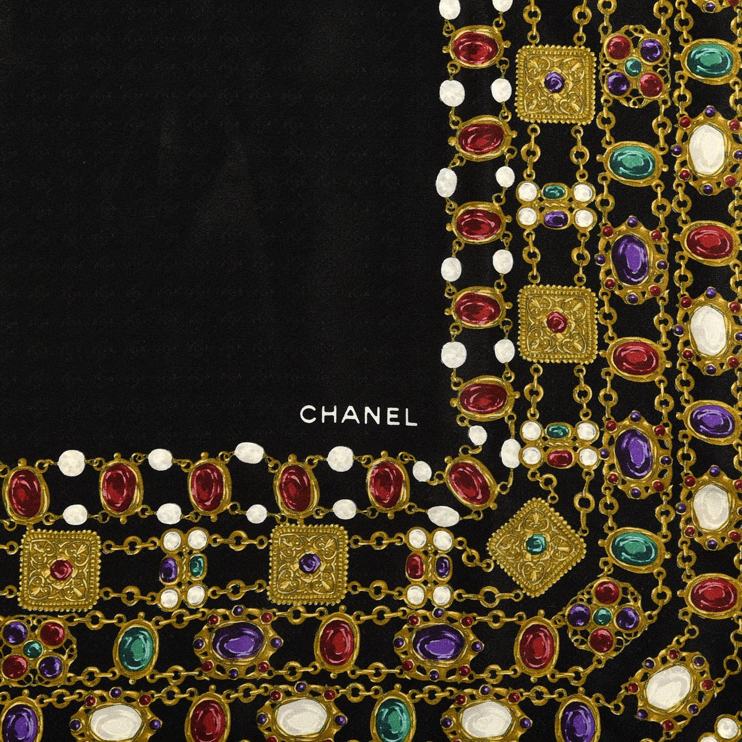 Silk Pearl Jewel Chain Print Scarf Black