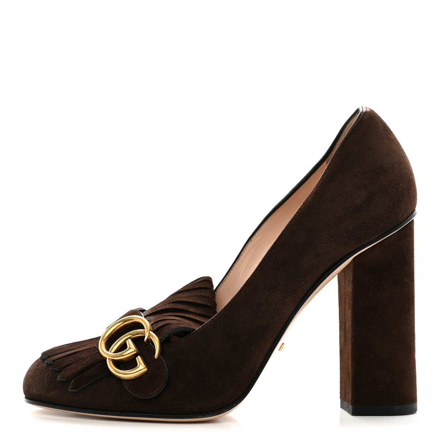 Kid Scamosciato Pearly GG Marmont Fringe 105mm Loafer Pumps 40 Cocoa