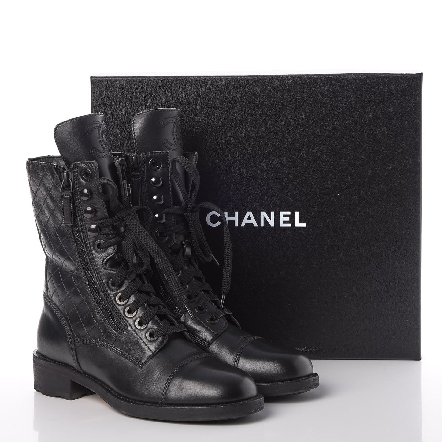Calfskin Quilted Cap Toe Combat Boots 36 Black
