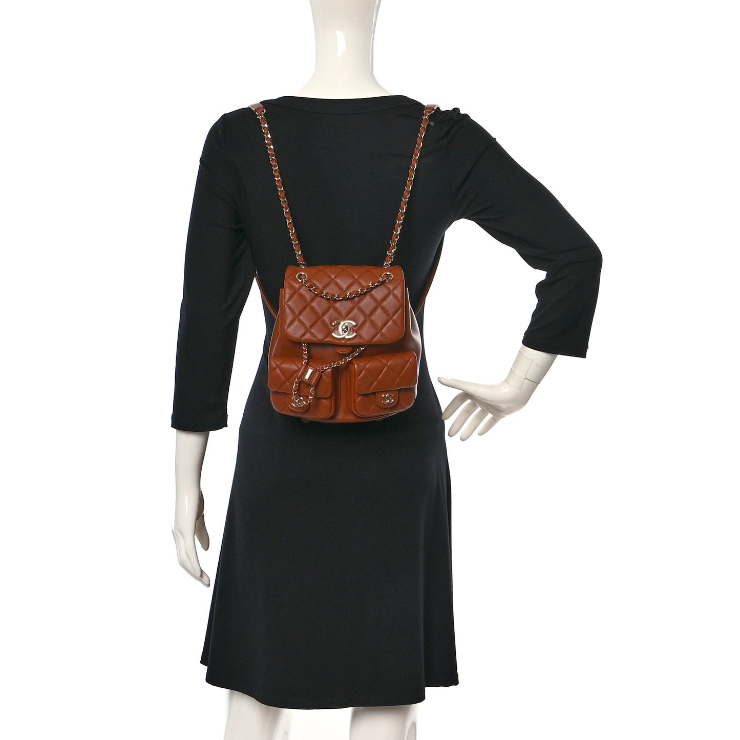 Shiny Calfskin Quilted Medium Duma Pockets Drawstring Backpack Brown
