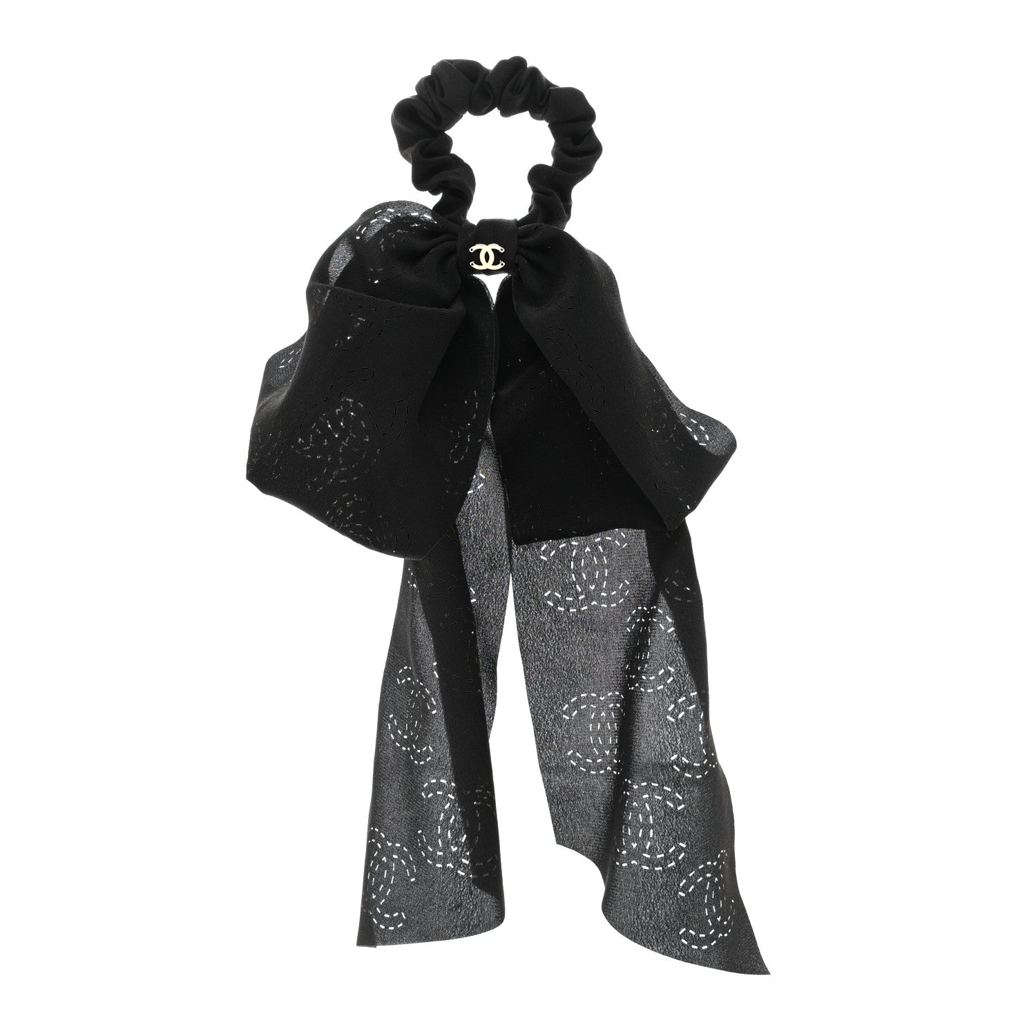 Chanel Silk Perforated Bow CC Scrunchie Black 1 of 4