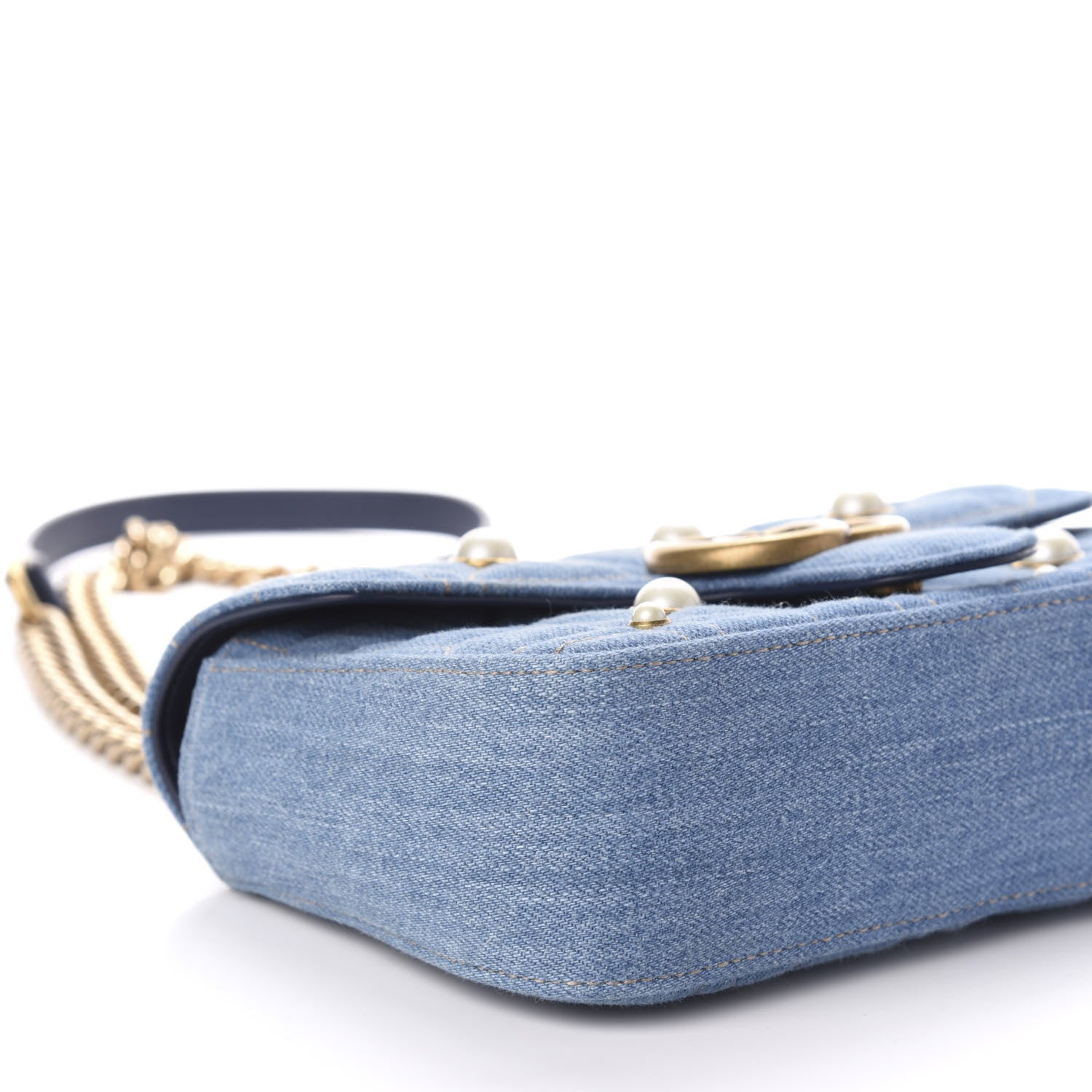 Gucci Denim Matelasse Pearl Studded Mini GG Marmont Shoulder Bag Blue 10 of 12