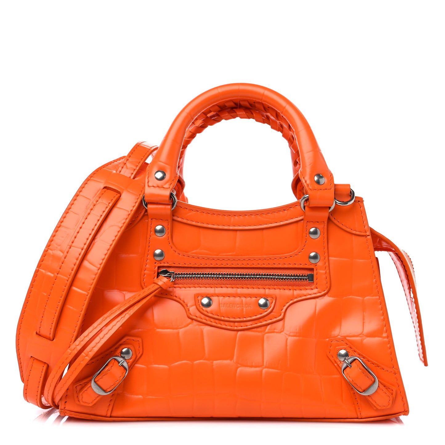 Semi Shiny Calfskin Crocodile Embossed Neo Classic Silver Hardware Mini City Orange