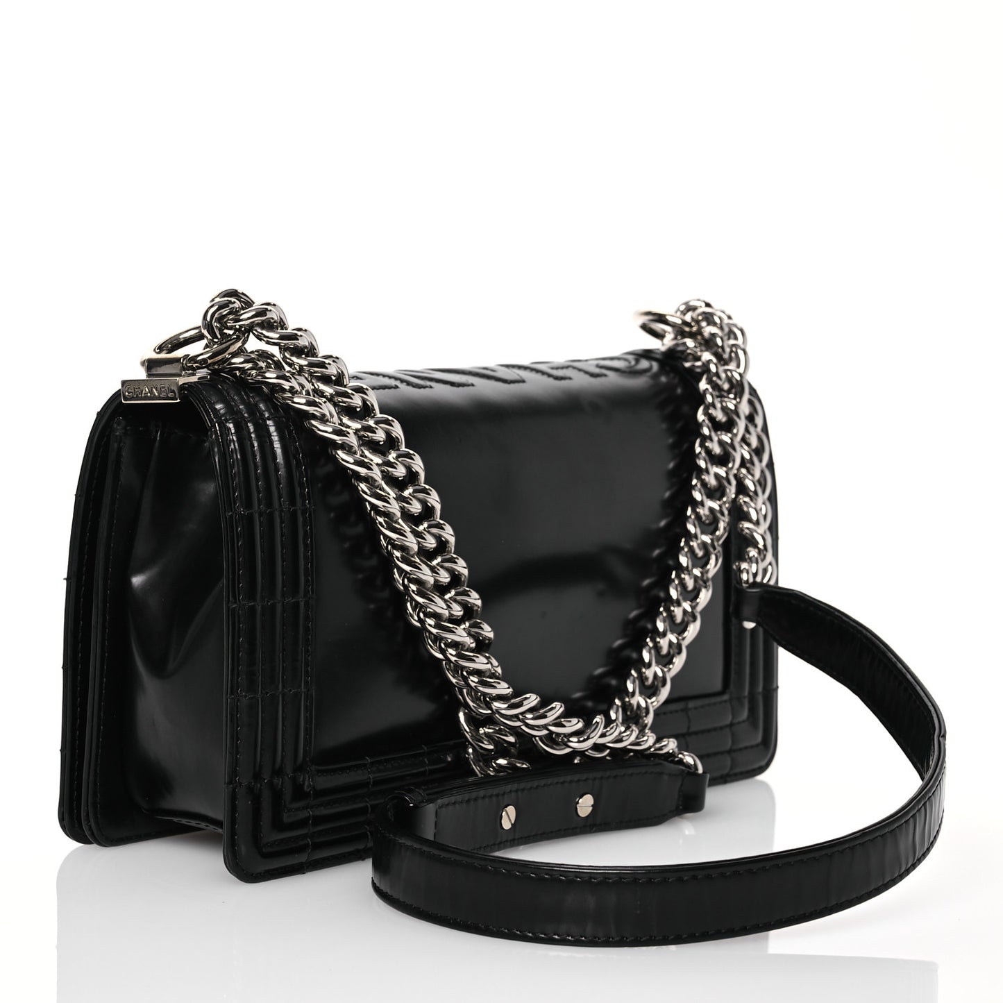 Glazed Calfskin Medium Boy Flap Black