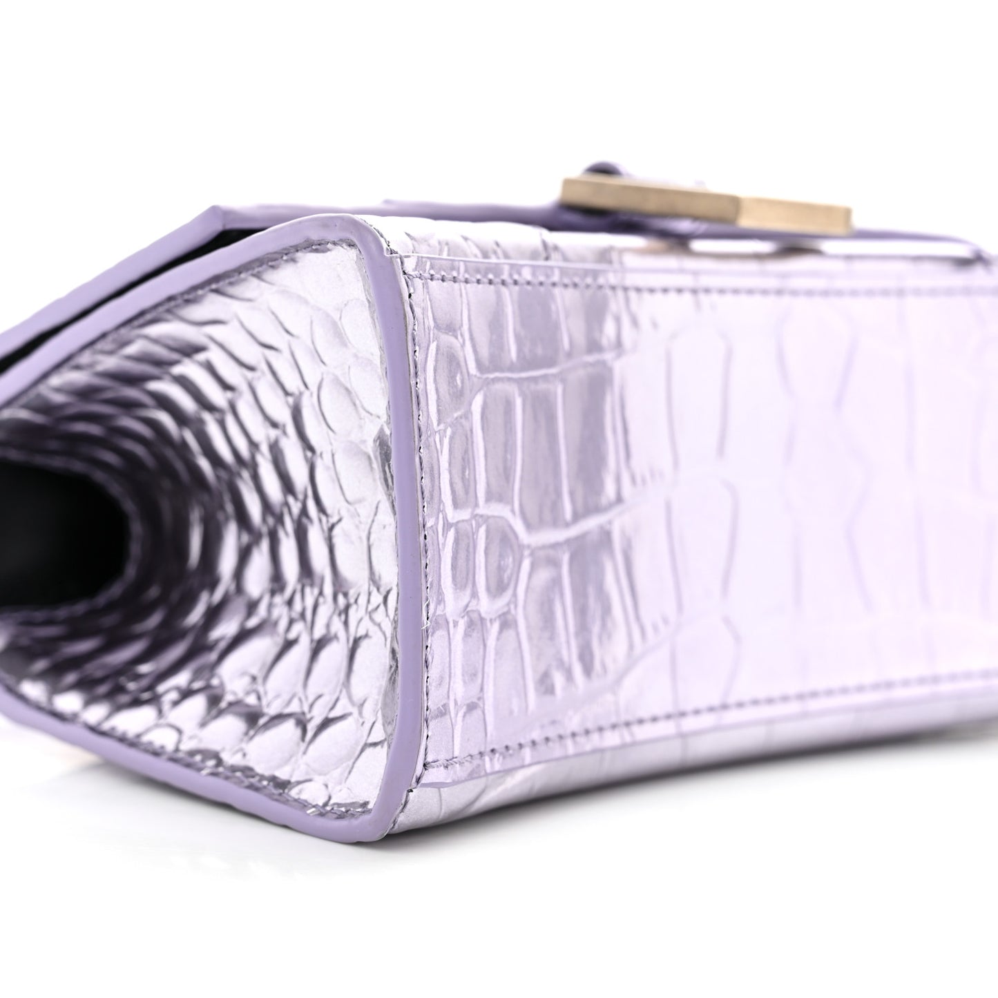 Metallic Calfskin Crocodile Embossed Hourglass Top Handle Bag XS Lilac