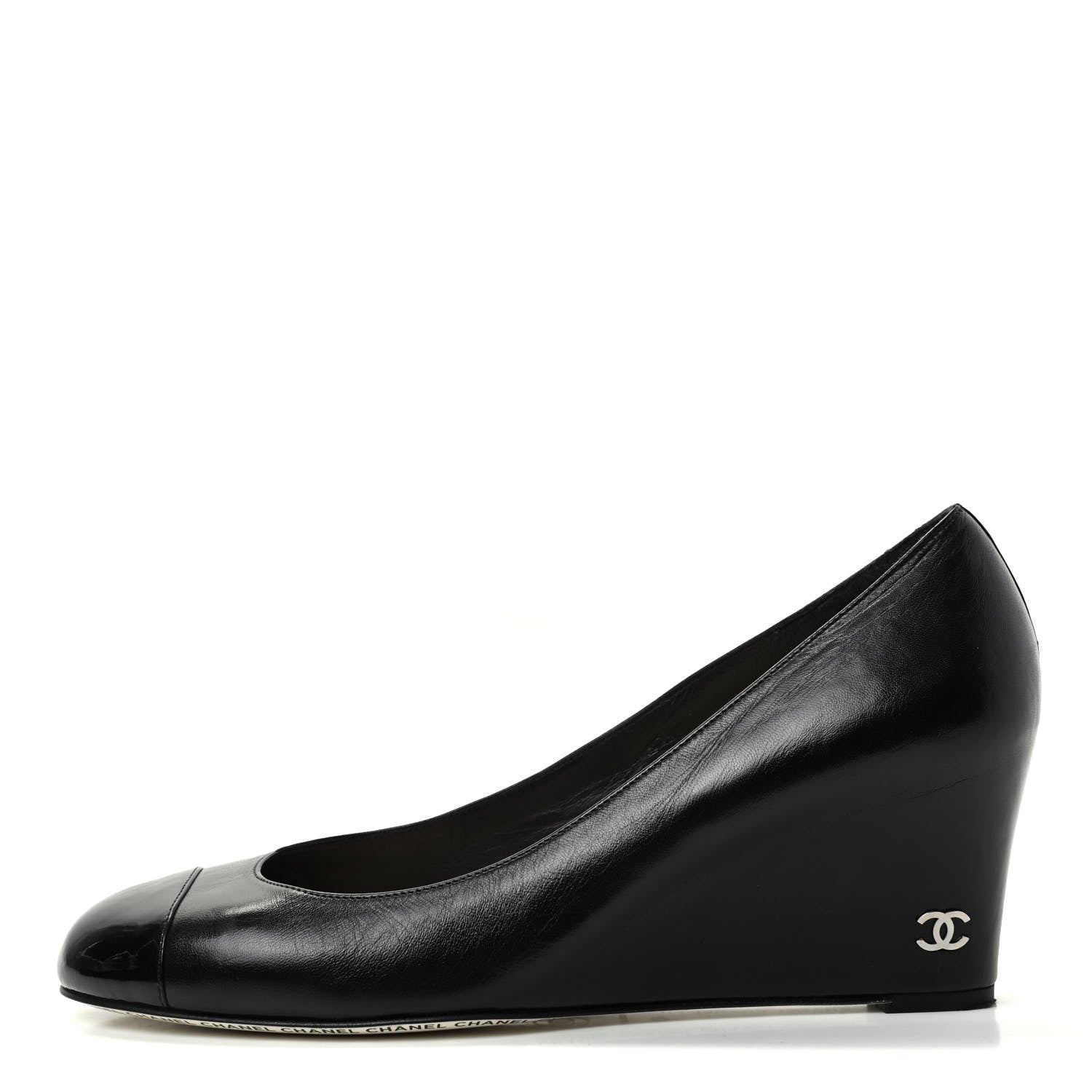 Chanel Lambskin Patent Cap Toe Wedges 40.5 Black 1 of 10