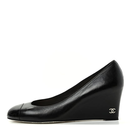 Chanel Lambskin Patent Cap Toe Wedges 40.5 Black 1 of 10