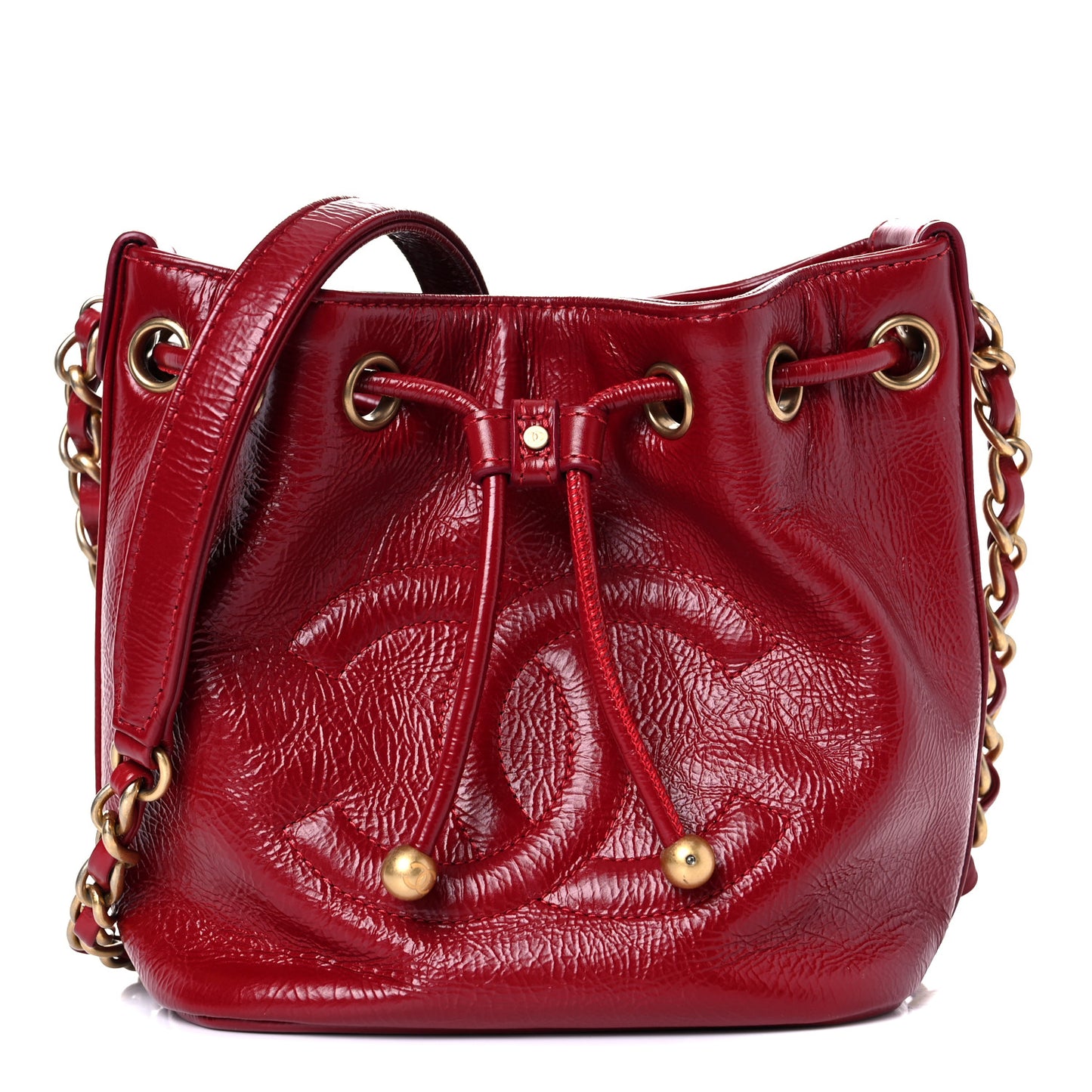 Shiny Aged Calfskin CC Chain Mini Drawstring Bag Red