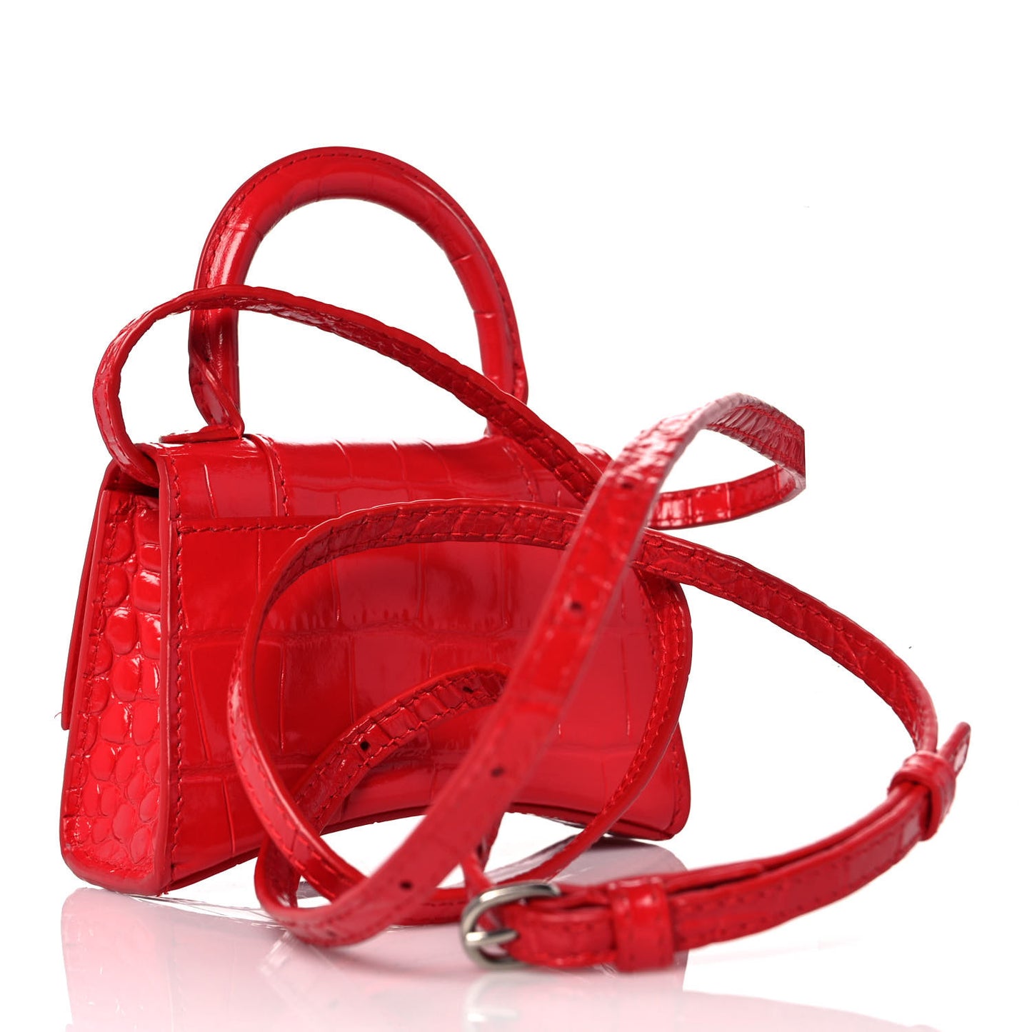 Shiny Calfskin Tonal B Crocodile Embossed Hourglass Top Handle Bag Mini Bright Red
