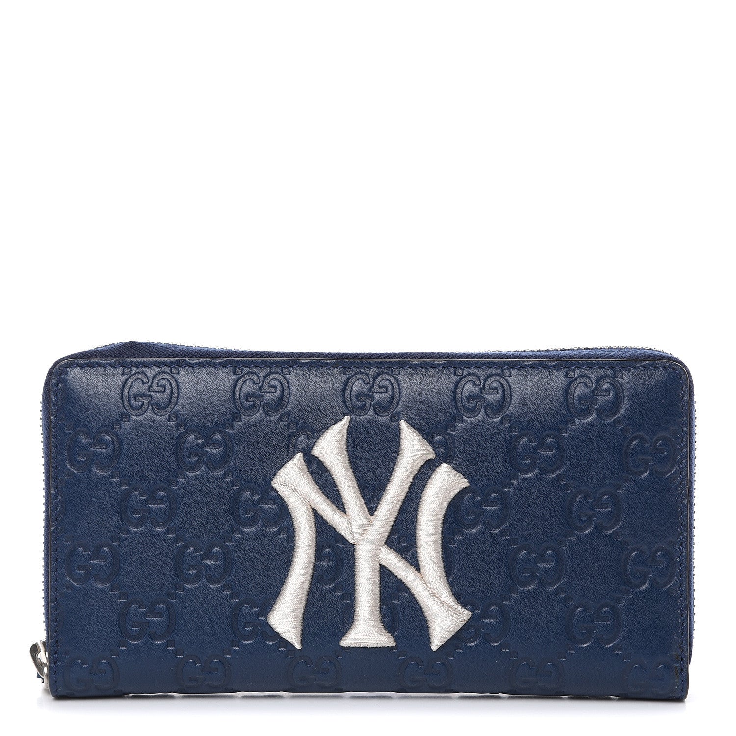 Gucci X MLB Guccissima Signature NY Yankees Embroidered Zip Around Wallet Royale Ivory 1 of 9