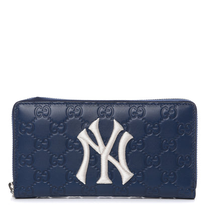 Gucci X MLB Guccissima Signature NY Yankees Embroidered Zip Around Wallet Royale Ivory 1 of 9