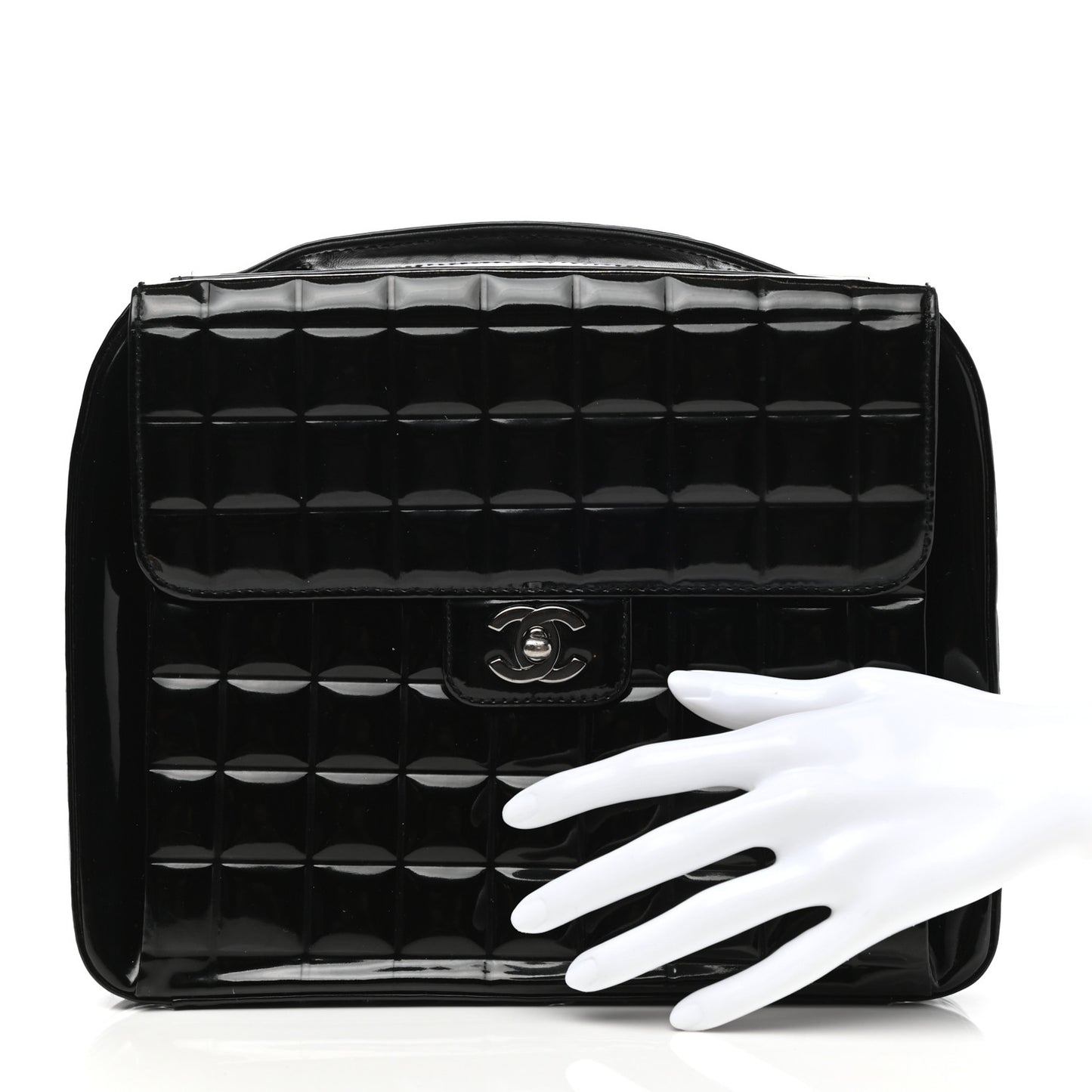 Patent Quilted Chocolate Bar Top Handle Bag Black