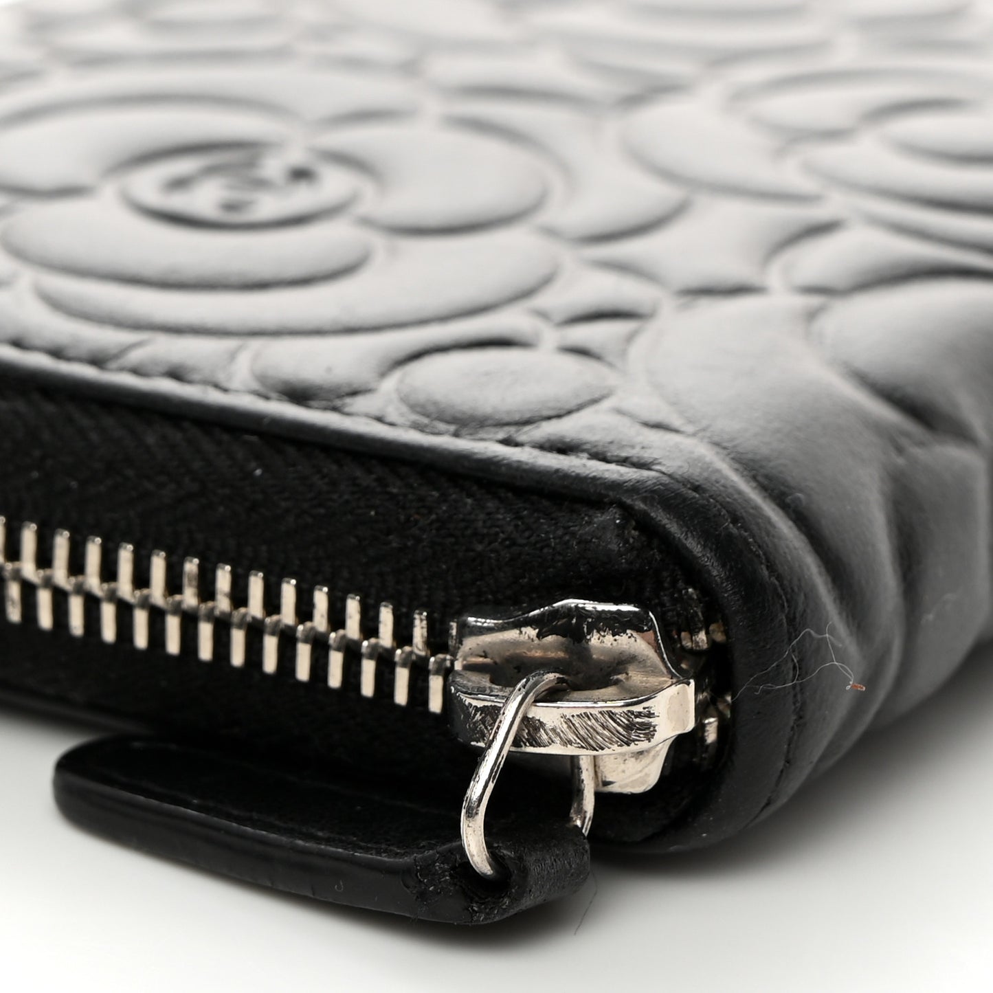 Lambskin Camellia Embossed Large Zip Around Gusset Wallet Black