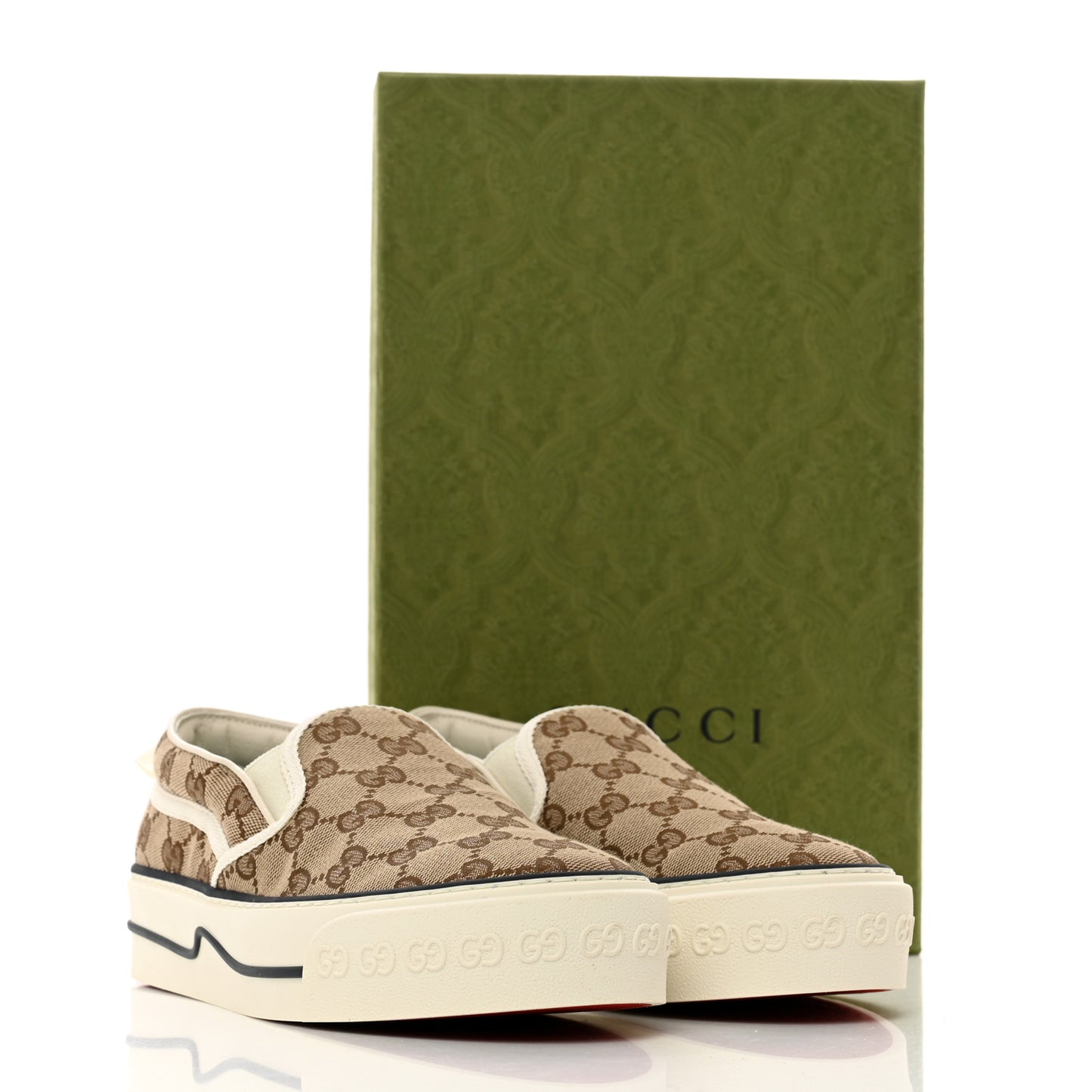 GG Monogram Womens 1977 Tennis Slip On 30mm Sneakers 37.5 Beige Ebony Mystic White