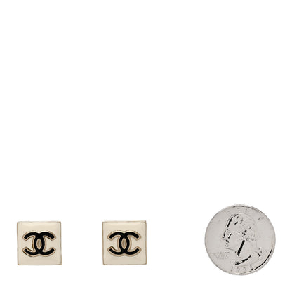 Chanel Metal Enamel CC Square Earrings Gold White Black 2 of 4