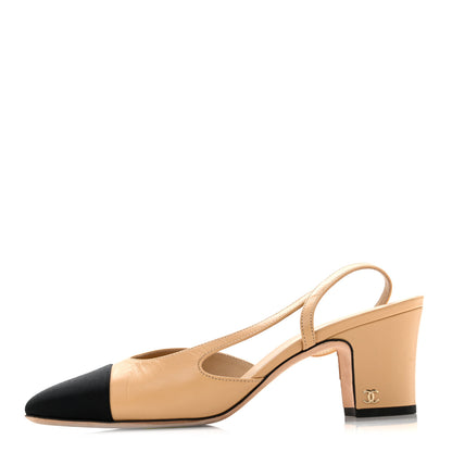 Chanel Goatskin Grosgrain Cap Toe CC Slingback Pumps 39 Beige Black 1 of 11