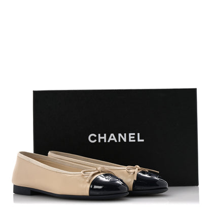 Chanel Goatskin Patent Calfskin Cap Toe CC Ballerina Flats 35.5 Light Beige Navy Blue 11 of 11