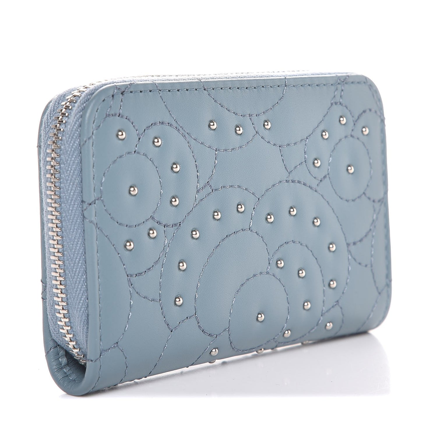 Lambskin Camellia Embossed Studded Zip Coin Purse Blue