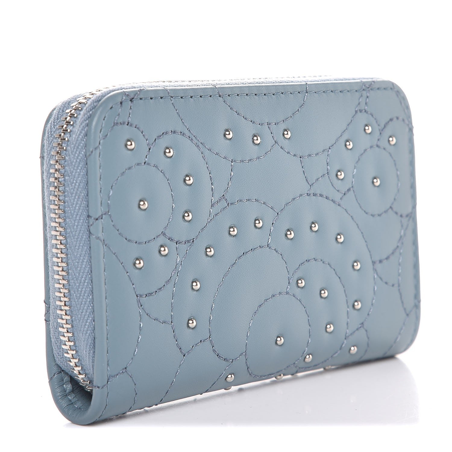 Chanel Lambskin Camellia Embossed Studded Zip Coin Purse Blue 3 of 8