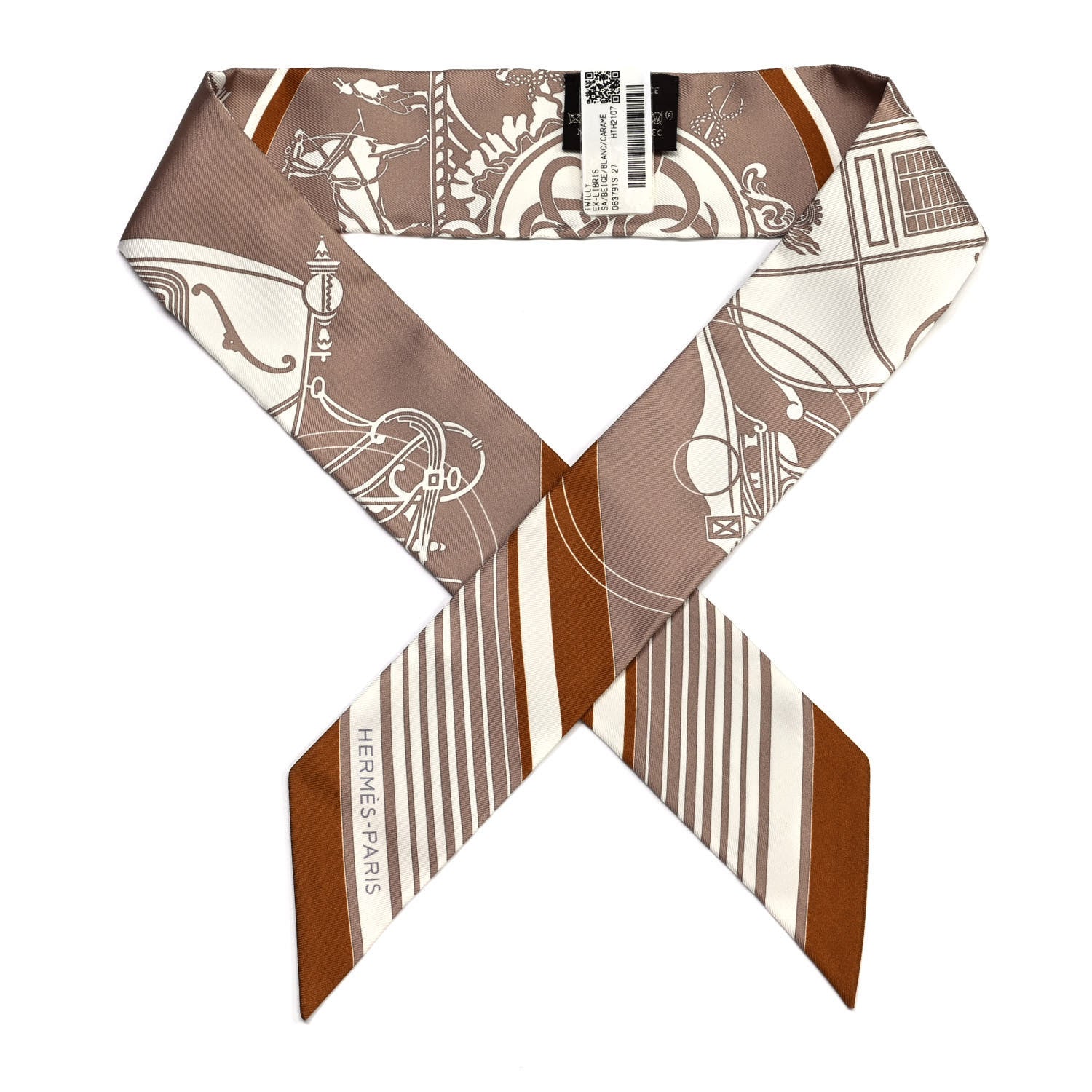 Hermes Silk Ex-Libris Twilly Beige White Caramel 1 of 4